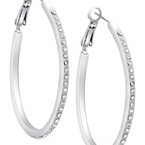 Guess Jewelry - GUESS Silver-Tone Pavé 1 1/4" Oval Hoop Earrings